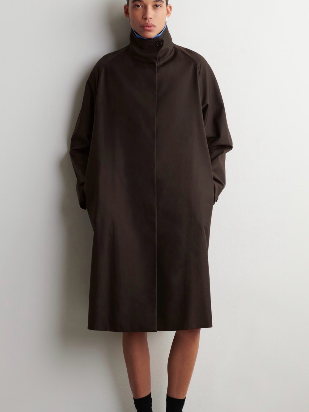 COS Oversized Funnel Neck Coat Espresso Brown Batwing Cotton Blend Size 10